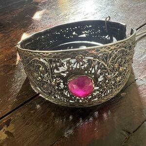 Ornate Tribal Silver Bracelet with Pink Gem